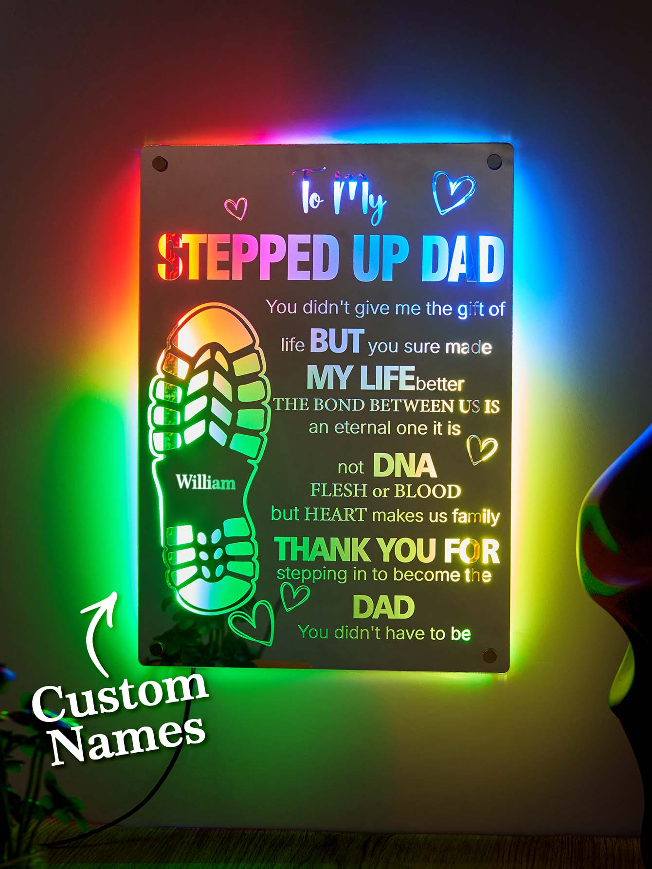 Personalized Stepped Up Dad Mirror Light Dad's Footprint Sign Gift for Dad